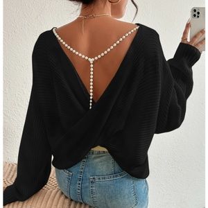 Black Backless Pearl Detail Oversized Knit Sweater Twisted Back Long Sleeve